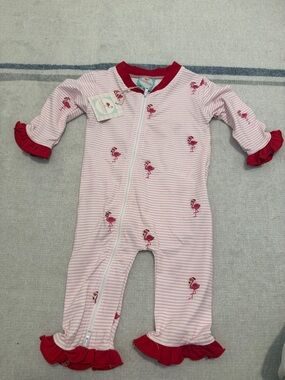 Girls Pink Flamingo Stripe Zip Footie with Red Ruffle Trim